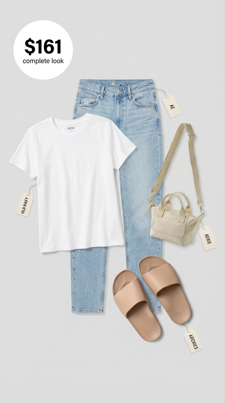 Relaxed summer casual outfits featuring light wash mom jeans, a white knit top, tan slip-on slides, and a white canvas crossbody bag for weekend brunch.